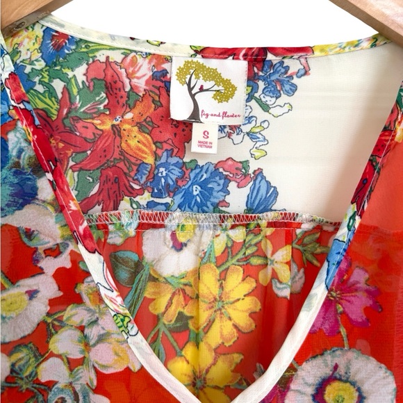 Anthropologie Fig and Flower Vibrant Floral Blouse Multicolor Red Pink White S - Picture 2 of 4